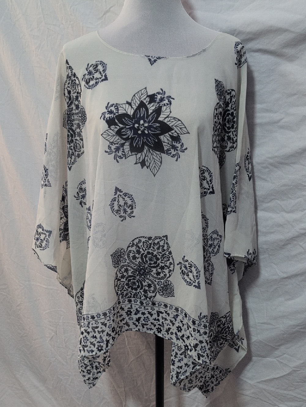 Ann Taylor Factory Cream Tunic with Black Floral Medallion Print